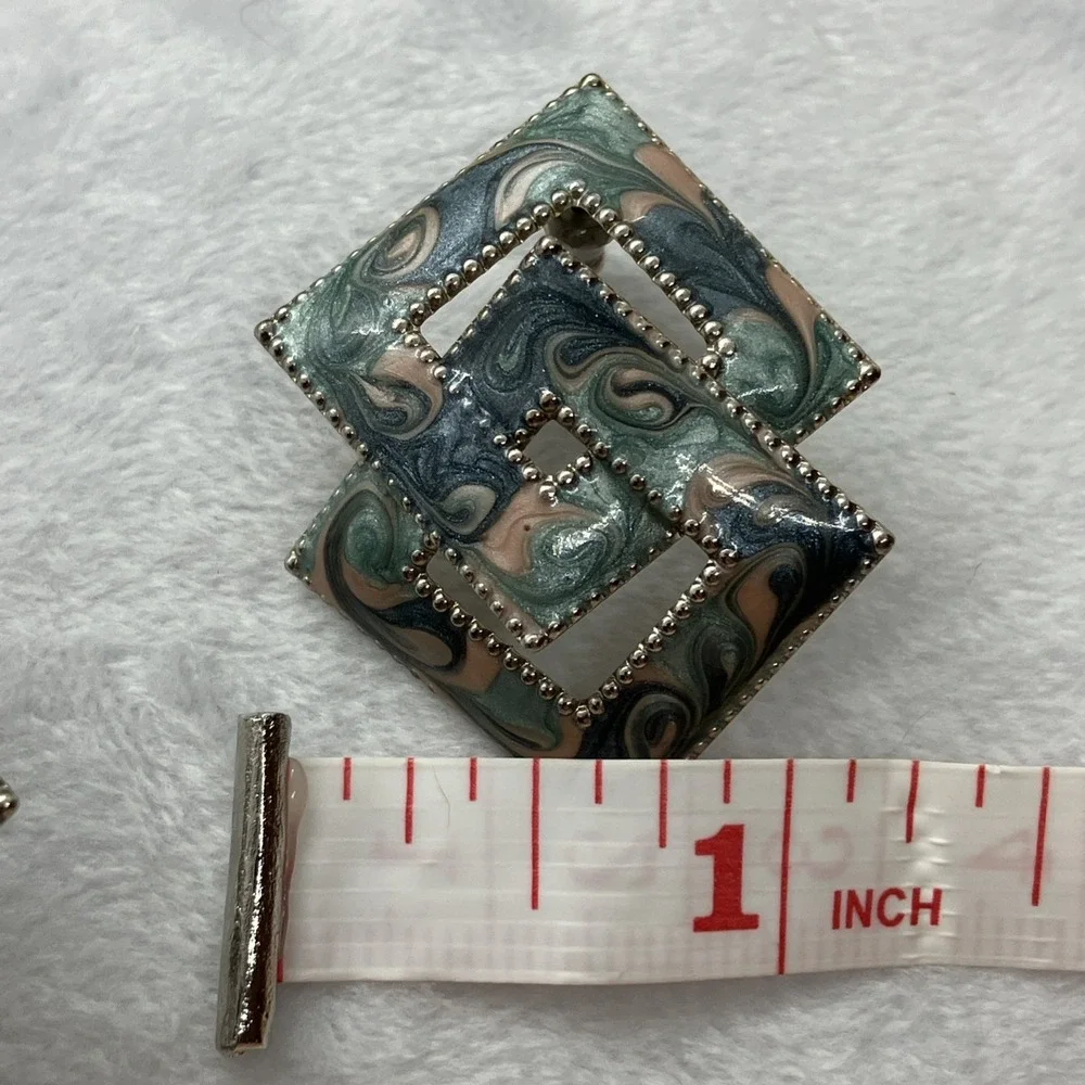 Vtg 80's Enamel Swirl‎ Earrings Square Pink Green Blue Silver Tone Pierced Funky